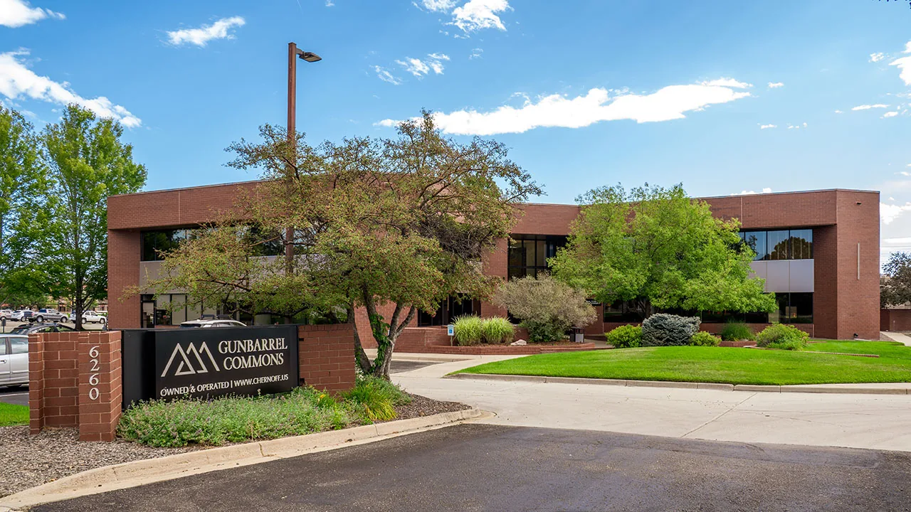 Exterior of the Gunbarrel Commons building housing the Boulder office at 6260 Lookout Rd
