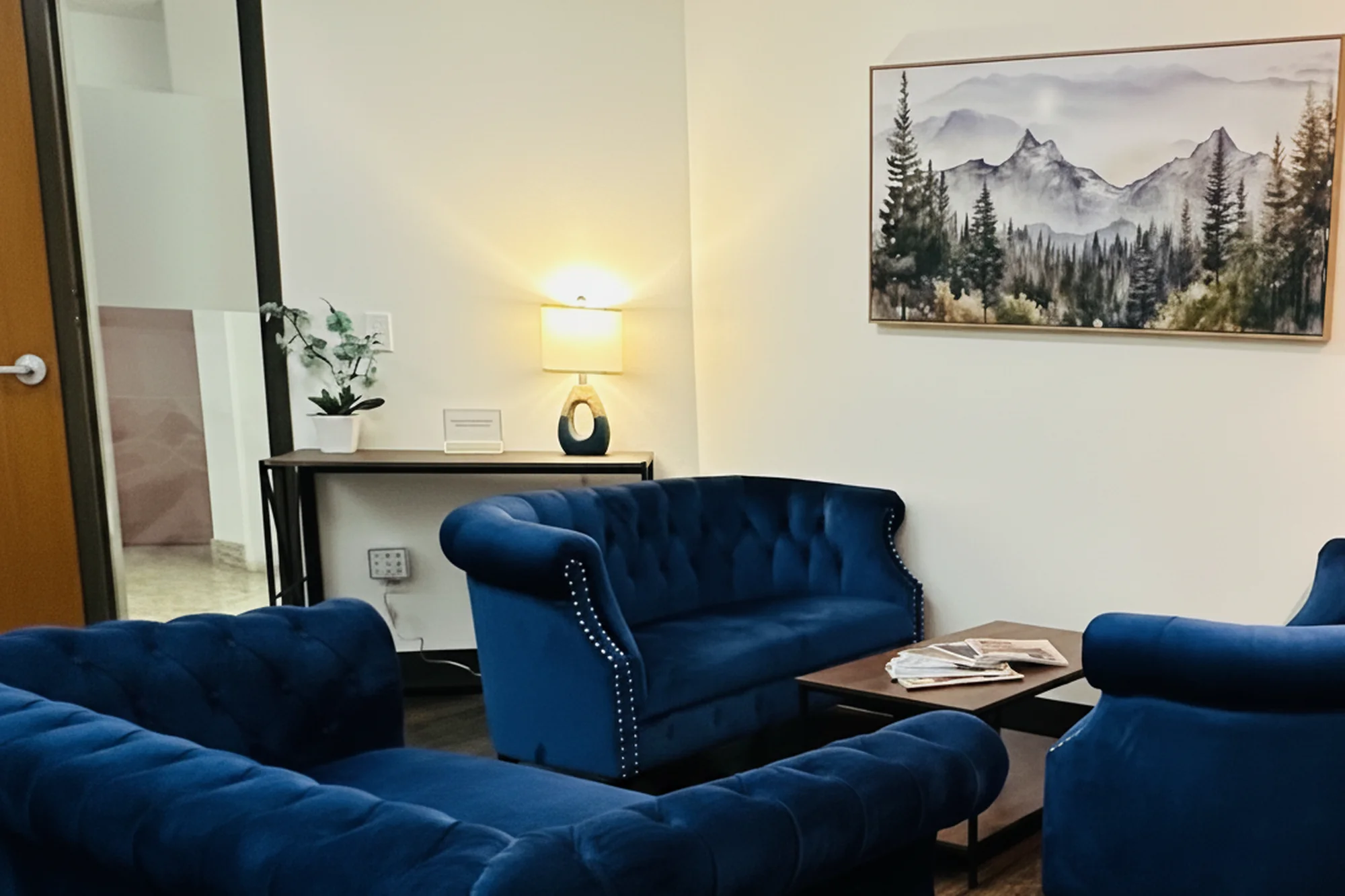Boulder office waiting room with blue velvet sofas